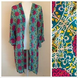 Moonlight Sheer Kimono Asian motif print turquoise hot pink yellow made in USA S
